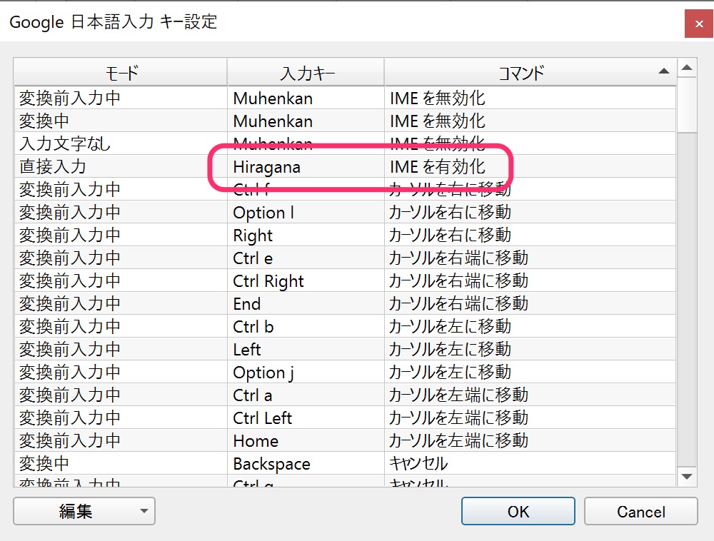 Google日本語入力 キー設定