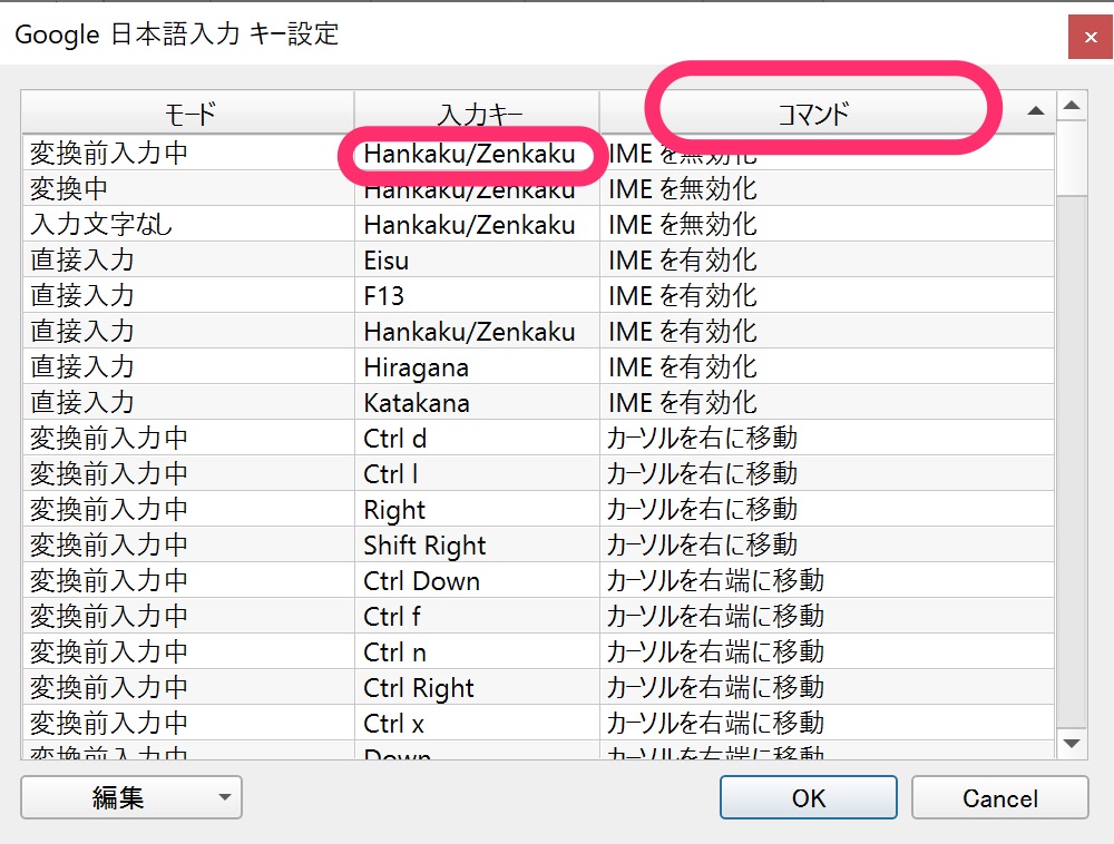 Google日本語入力 キー設定