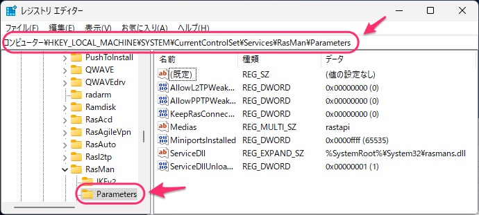 コンピューター￥HKEY_LOCAL_MACHINE￥SYSTEM￥CurrentControlSet￥Services￥RasMan￥Parameters